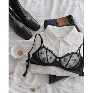 Sheer Black Floral Embroidered Balconette Bra - Women Intimates